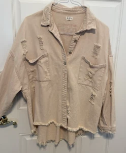 POL Light Peach Distressed Jean Jacket Shirt Pockets Raw Hem Women’s Size L - Picture 1 of 7