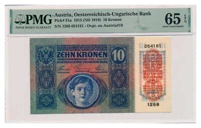 AUSTRIA banknote 10 Kronen 1919 PMG MS 65 EPQ Gem Uncirculated - Image 1 of 4
