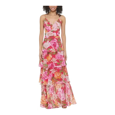 Eliza J Women's Floral-Print V-Neck Tiered Chiffon Gown Pink Multi Size 6 - Image 1 of 4