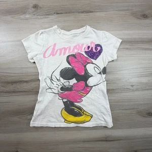 Disney Minnie Mouse Amour Graphic T Shirt Kids Size Medium White Sparkle Heart - Picture 1 of 7