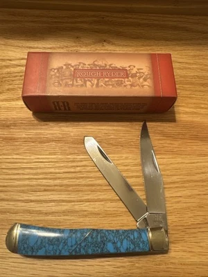 Rough Rider Turquoise Handles Trapper Pocket Knife RR1371 2 Folding Blades - Image 1 of 4