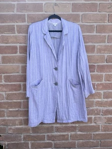 J. Jill Jacket Womens Large Relaxed Linen Gray-Blue White Stripe Lagenlook Linen - Picture 1 of 6