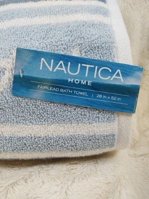 New Logo Nautical Fairlead Bath Towel 100% Cotton Beachy Ocean Blue Hue Stripes - Image 1 of 4