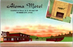 Heber City UT Aloma Motel Sunset 2 Views Fireplace Utah linen postcard P29 - Picture 1 of 2