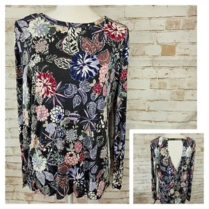 NWT LOFT Size L Black Floral Open Surplice Bar Back Knit Long Sleeve Top Blouse - Picture 1 of 11