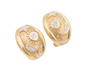 14K GOLD Vintage Earrings Carved Sun Moon & Starts Inlay Real Diamonds GE242 - Picture 1 of 8