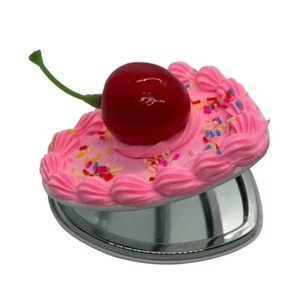 PINK ICED CHERRY HEART MIRROR accessory COMPACT portable CAKE icing SWEET - Picture 1 of 3