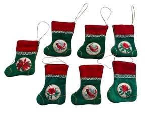 Vintage Christmas Stocking Ornaments Velvet Embroidery Red/Green Small Set of 7 - Picture 1 of 9