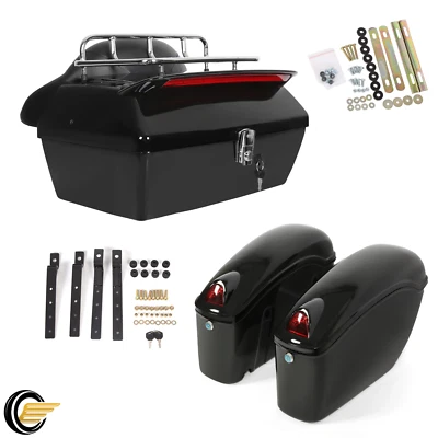 Motorcycle Hard Saddle Bags +Luggage Trunk W/ Tail Light For Harley Yamaha - Image 1 of 4