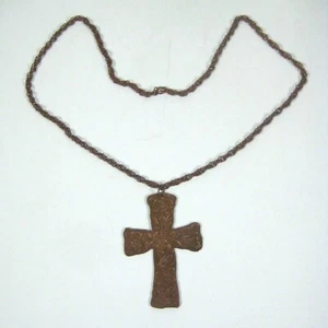 Handmade Copper Cross Pendant Necklace Floral Design Hammered CVG 30 inch Vintag - Picture 1 of 16
