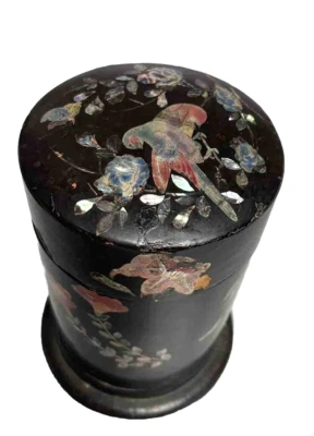 Boîte à thé Napoléon III carton bouilli Incrustations Oiseaux & Fleurs en NACRE - Photo 1/4