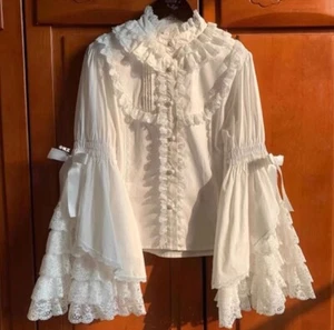 Vintage White Lace Temperament Top Blouse Button Down Flared Sleeve Shirt - Picture 1 of 8