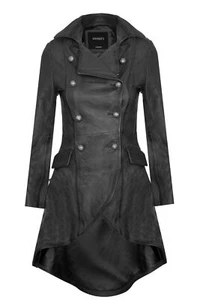 Women's Gothic Black Leather Coat Edwardian Victorian Flare Goth Punk Jacket - Picture 1 of 4