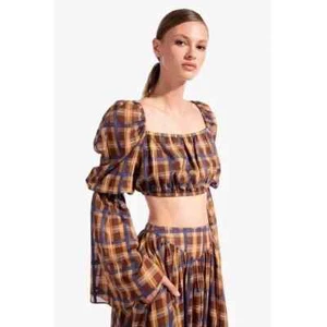 Staud Elena Mokka braun kariert Cropped Puffärmel Top, Größe L - Bild 1 von 6
