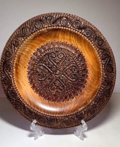Vintage Decorative PYROGRAPHY 8.5"Woodburned Footed Plate-Poland-FOLK ART-Signed - Picture 1 of 8