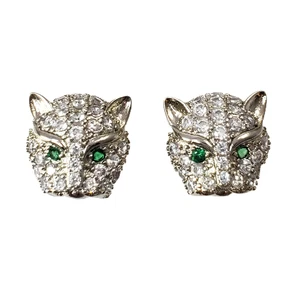 Green-eyed JAGUAR Pave Silver Tone Stud Vintage Earrings Panther Lion 0.5" - Picture 1 of 5