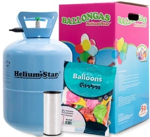 HeliumStar® Ballongas Einwegflasche 0,400m³ & 50 bunte Latex-Luftballons & Band - Bild 1 von 3