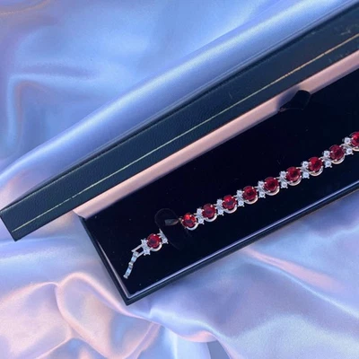Red Ruby White Gold Round Cut Twisted Bracelet - Gift For Her - Free Gift Box - Image 1 of 4