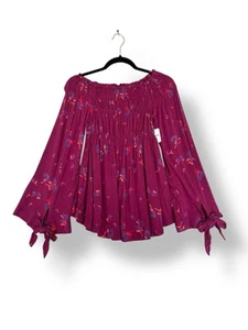 Free People Boho Off The Shoulder Top XS Smocked Pink Printed Stretch - Picture 1 of 11