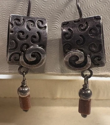 Silpada .925 Sterling Silver Scroll Earrings & Goldstone Bracelet Set Boho Style - Image 1 of 4
