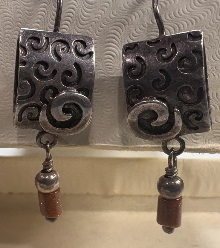 Silpada .925 Sterling Silver Scroll Earrings & Goldstone Bracelet Set Boho Style - Image 1 of 4