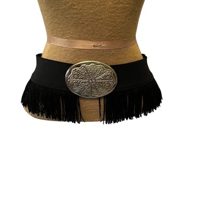 vintage Boho Western style elastic Concho belt with tassel fringe black silver  - Image 1 of 4