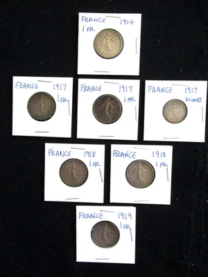 LOTE FRANÇA DE 7: 1914 1 FR, 2 x 1917 1 FR, 1917 50C, 2 x 1918 1 FR, 1919 1 FR - Imagem 1 de 4