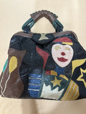Vintage 1980s Embossed Leather Patchwork Black Clown Purse Rare Antique Handbag - Image 1 of 4