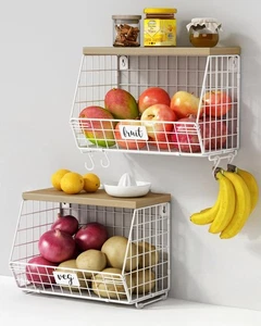 Cesta de alambre blanco almacenamiento de frutas para mostrador de cocina juego de 2, montaje en pared Frui... - Imagen 1 de 7