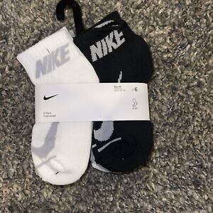 Nike Kids Logo 6 Pack Ankle Cushioned Socks Size 10C-3Y White, Black Gray 