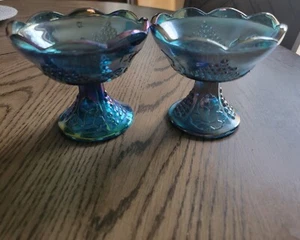 Indiana Carnival Glass Blue Harvest Grape Pair of Candle Holders - Picture 1 of 5
