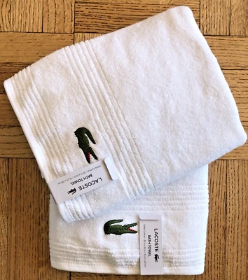 Conjunto de 2 toalhas de banho Lacoste luxo algodão branco com logotipo de crocodilo 30 x 52 novo com etiquetas! - Imagem 1 de 4