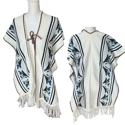 De Colección Años 70 Tejido Marrón Pájaro Poncho Chal Hippie Boho Túnica Top Blanco Azul Talla Única Foto 1 de 4