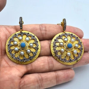 925 Sterling Silver 18k Gold Plated Black Rhodium Turquoise CZ Pearl Earrings - Picture 1 of 2