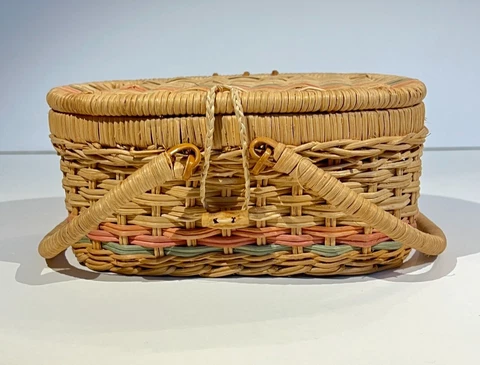 Vintage Mini Wicker Picnic Basket Double Handles Striped Gift Basket Storage EUC Cover