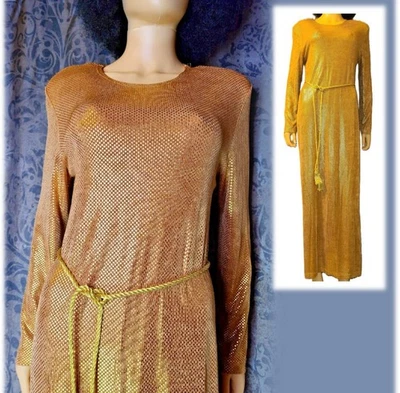 Caron Components Vintage 80s Gold Metallic Long Sleeve Dress Elegant Party Gown - Image 1 of 4