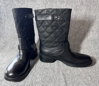 Nuevo sin caja Aquatalia Sherry Negro Impermeable Acolchado Medio Pantorrilla Cuero Motoboot Talla 7.5 Foto 1 de 4