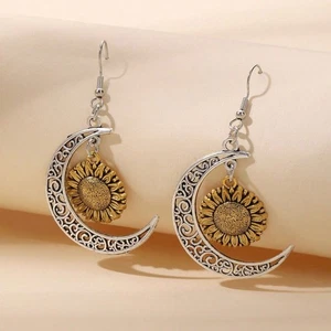 Sonnenblume & Mondsichel Anhänger Ohrhänger Gold Silber Himmlisch Hänger Neu - Bild 1 von 2