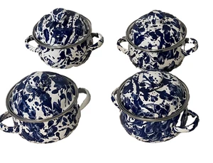 Set 4 Golden Rabbit Cobalt Swirl Petite Tureens Enamelware Farmhouse Grannycore - Picture 1 of 18