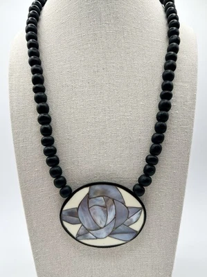 Abalone Shell Inlay Flower Necklace  Pendant Black Wood Bead Gold Tone 22 Inch - Image 1 of 4