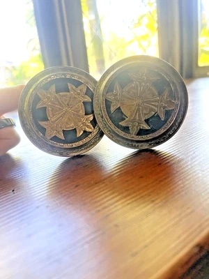 Antique Eastlake Victorian Brass Doorknob Pair • Gothic Star Cross • Ebonized - Image 1 of 4