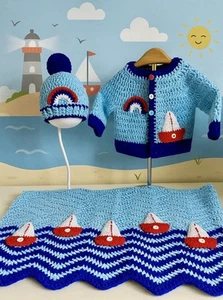 New Handmade Baby Shower Gift Set#jacket#hat#blanket#boats#vegan#baby Soft Yarn - Picture 1 of 9