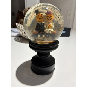 Halloween Pumpkin Couple Snow Globe Pedestal Base Light Up Decoration - Picture 1 of 11