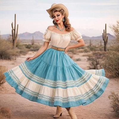 Falda Rickrack Patio Vintage Años 60 Azul Blanco Garra Cremallera Niveles Círculo Completo Algodón Foto 1 de 4