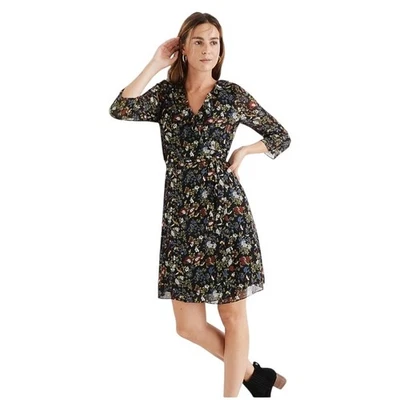 Madewell Black Floral Bird Print Ruffle V Neck Wrap Dress Midi Size S - Image 1 of 4