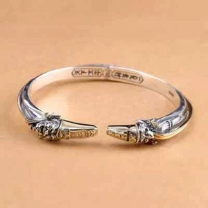 Real Solid 925 Sterling Silver Cuff Bracelet Black Ghost White Ghost Open Bangle - Picture 1 of 6