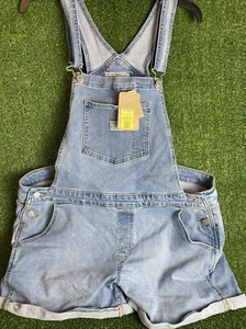 Levis Shortalls Womens 18W Blue Denim Bib Overalls Light Wash Jeans Shorts - Picture 1 of 12