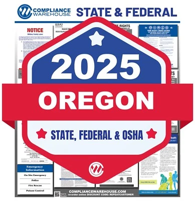COMPLIANCE WAREHOUSE 2025 Oregon OR State/Fed Labor Law All In 1 Compliance Poster Paper/Laminated
