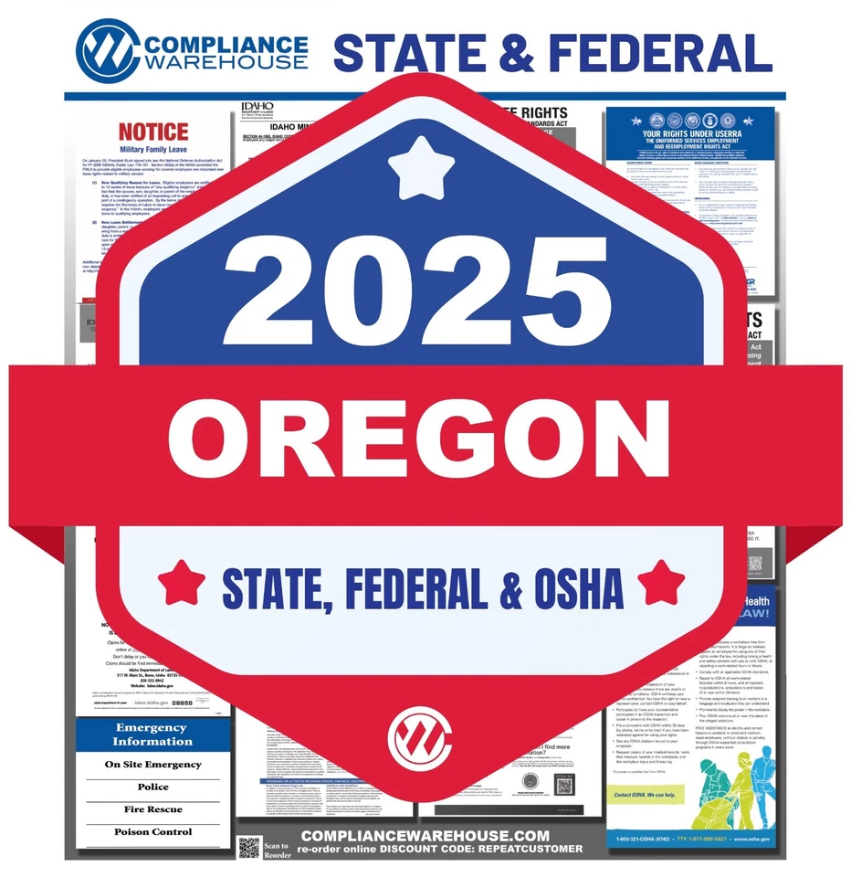 COMPLIANCE WAREHOUSE 2025 Oregon OR State/Fed Labor Law All In 1 Compliance Poster Paper/Laminated
