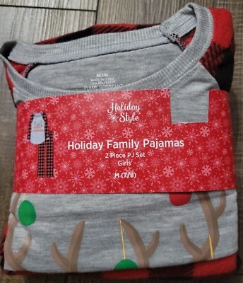 Girls Medium 7/8 Happy Holidays Christmas Fannel Pajama Set Deer Antlers - Image 1 of 4